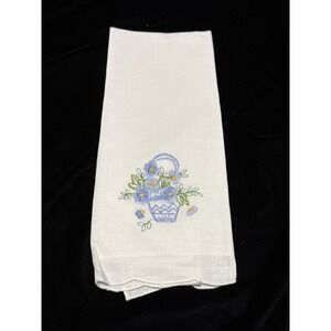 Vintage New Embroidered Flower Basket Linen Hand Tea Towel